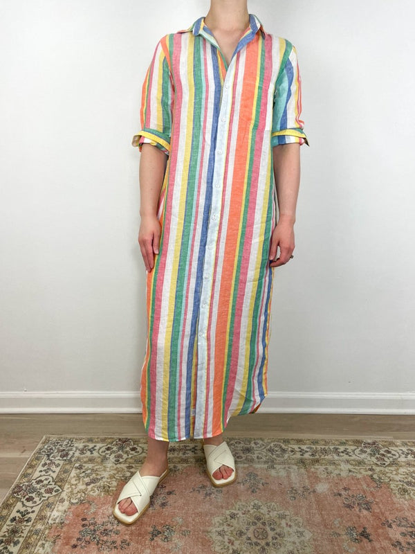 Maxi Shirtdress in Multi Color Stripe Linen - The Shoe Hive