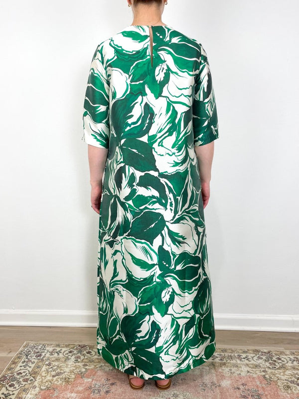 Paige Maxi Dress in Green Watercolor Leaf Mikado - The Shoe Hive
