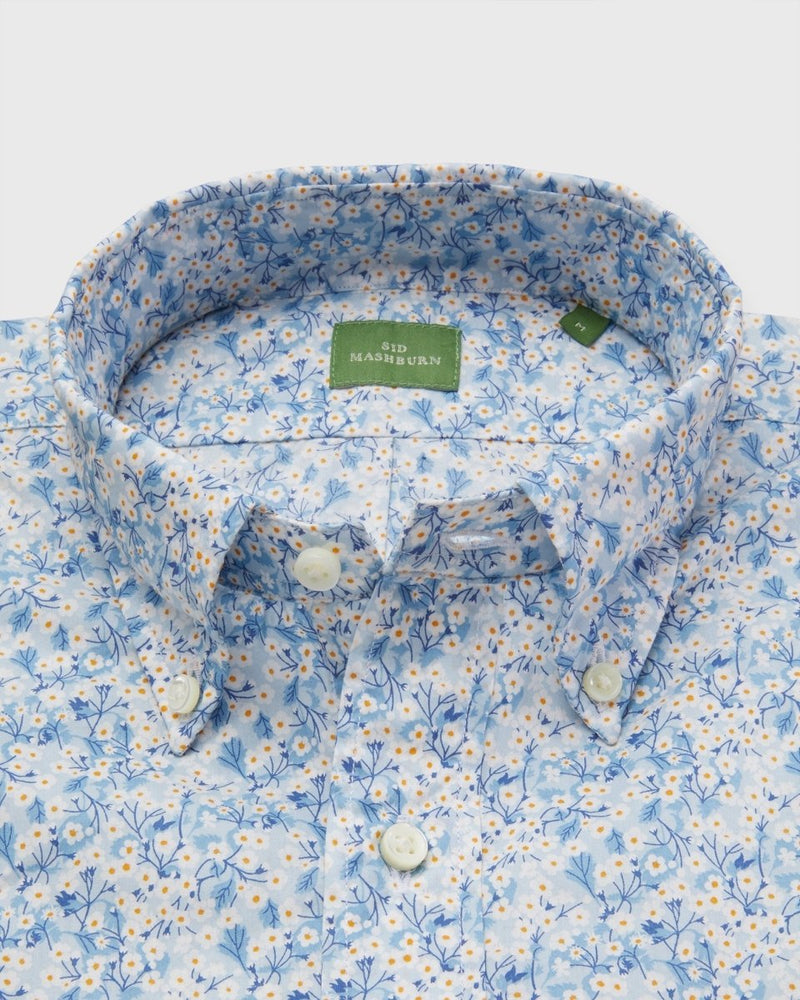 Short-Sleeved Button-Down Sport Shirt in Blue/Orange Mitsy Valeria Liberty Fabric Poplin - The Shoe Hive