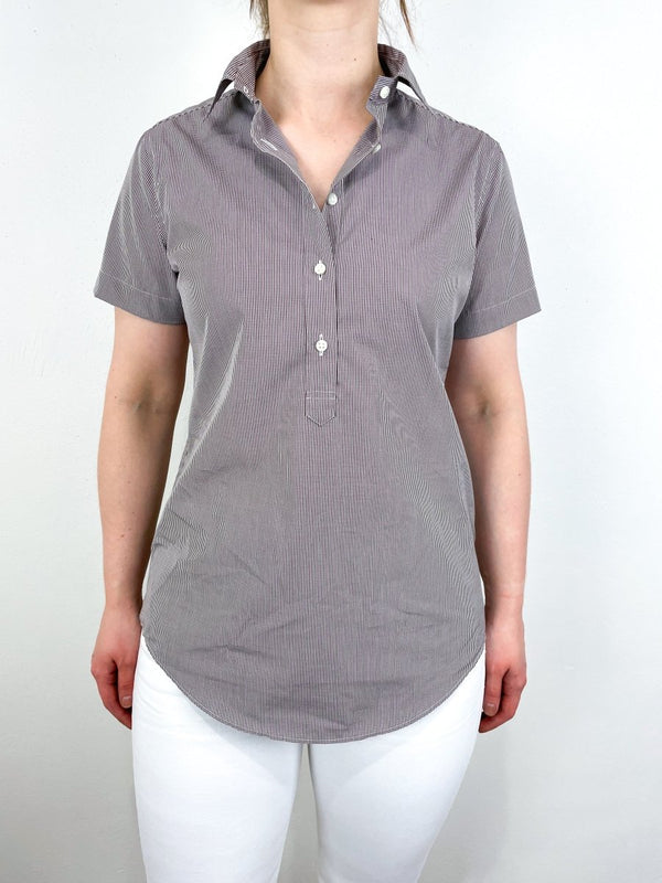 Short Sleeved Tomboy Popover Shirt in Brown Micro Gingham Poplin - The Shoe Hive