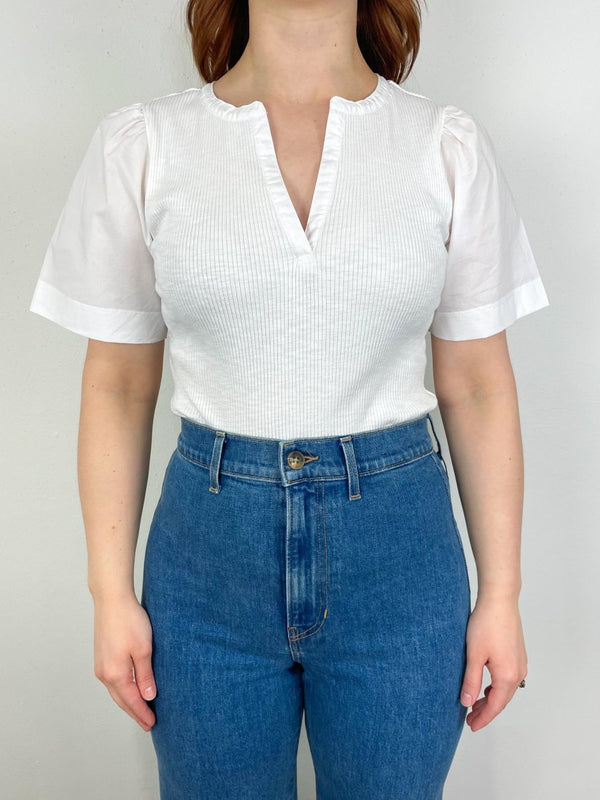 Woven Sleeve Split Neck in White - The Shoe Hive