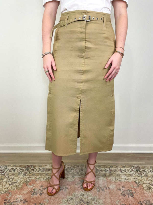 Belted Utility Skirt w/Side Button Placket in Khaki - The Shoe Hive