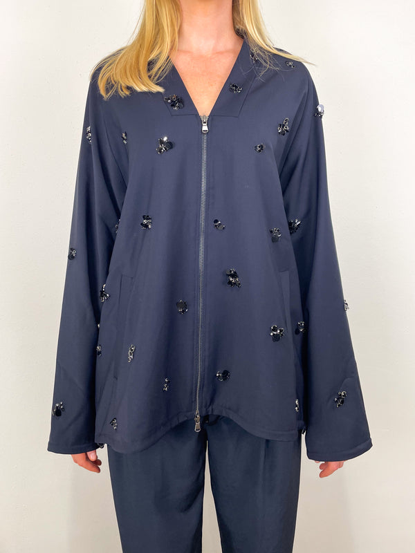 Tropical Wool Beaded Bomber in Navy