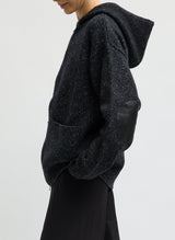 Speckled Tweed Zip Up Hoodie Jacket with Leather Elbow Patches in Black Multi