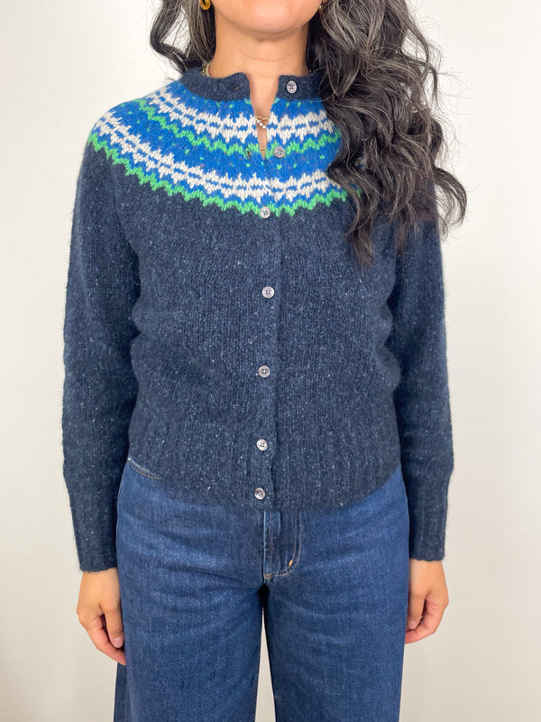 Marge Fair Isle Cardigan in Indigo Donegal Multi Hand Knit Cashmere