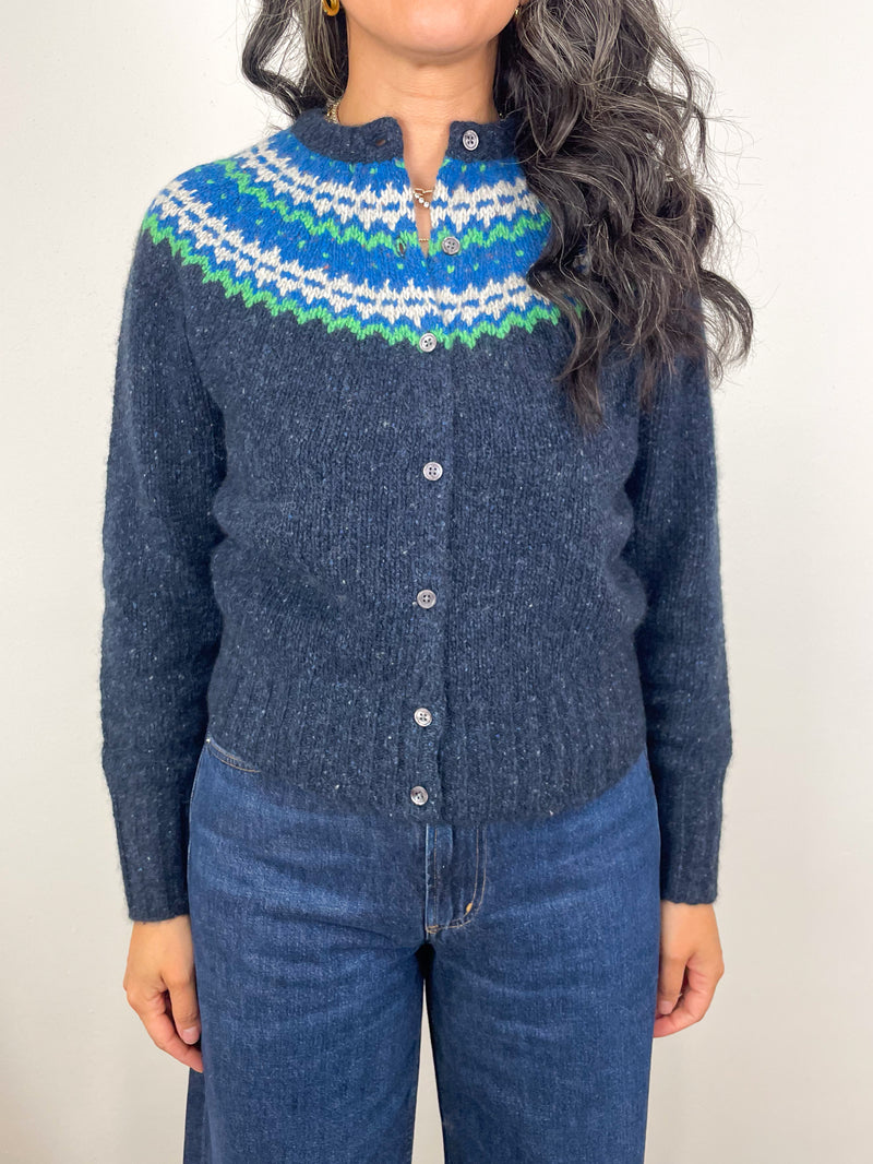 Marge Fair Isle Cardigan in Indigo Donegal Multi Hand Knit Cashmere
