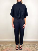 Creased Acetate Drape Cape Tie Top in Black