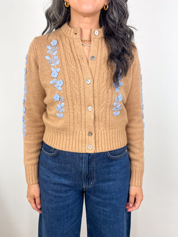 Ellen Cardigan in Camel/Misty Blue Cotton/Wool