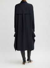 Tropical Wool Shirtdress with Side Drape in Navy
