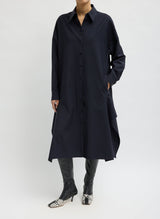 Tropical Wool Shirtdress with Side Drape in Navy