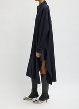 Tropical Wool Shirtdress with Side Drape in Navy