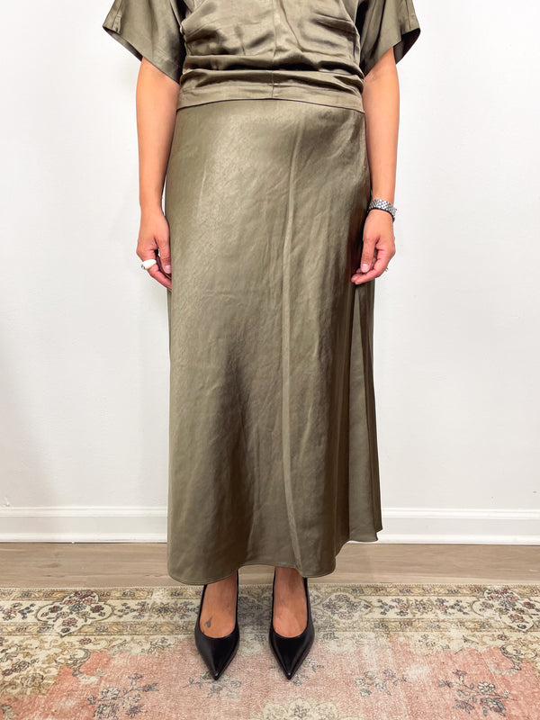 Satin Bias Maxi Skirt in Parsley