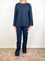 Bonded Viscose Crewneck with Folded Panel in Navy