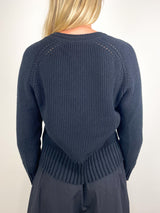 Textured V-Neck Saddle Sweater in Black