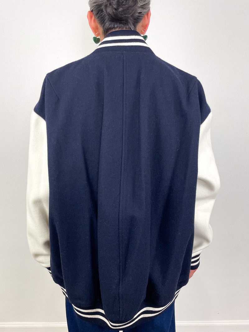 Felted Wool Cocoon Varsity Bomber in Navy