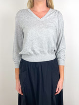 V-Neck Blouson Sweater in Heather Grey