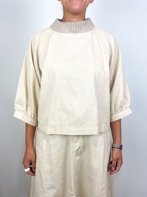 Knit Collar Twill Top in Eggshell