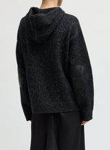 Speckled Tweed Zip Up Hoodie Jacket with Leather Elbow Patches in Black Multi