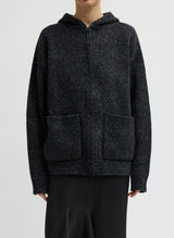 Speckled Tweed Zip Up Hoodie Jacket with Leather Elbow Patches in Black Multi