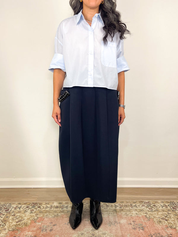 Bonded Twill Sculpted Skirt w/Removable Beaded in Navy