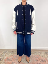 Felted Wool Cocoon Varsity Bomber in Navy