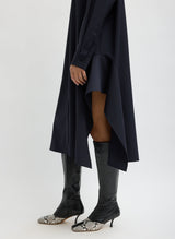 Tropical Wool Shirtdress with Side Drape in Navy