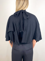 Creased Acetate Drape Cape Tie Top in Black