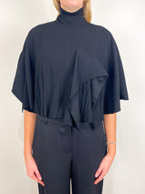Creased Acetate Drape Cape Tie Top in Black