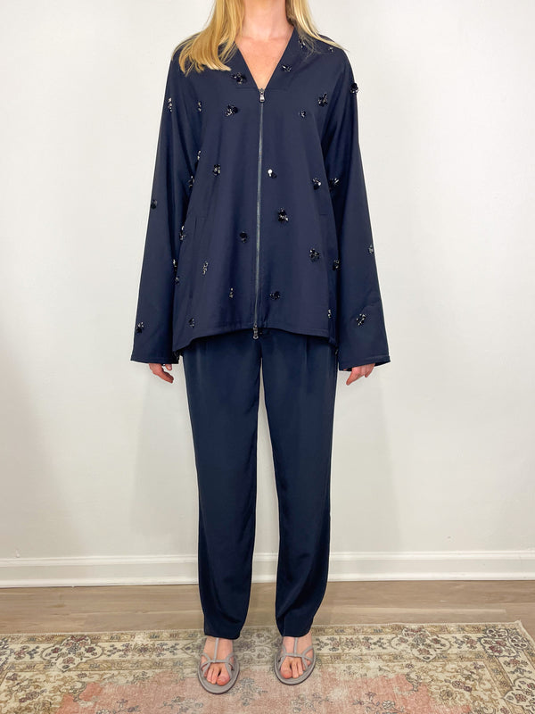 Tropical Wool Beaded Bomber in Navy