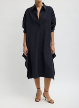 Tropical Wool Shirtdress with Side Drape in Navy