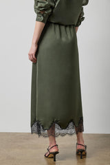 Crepe Satin Skirt with Lace Trim in Fir