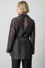 Sheer Notch Collar Cardigan in Black Sheer