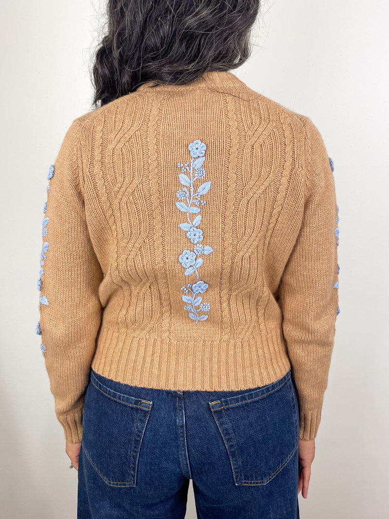 Ellen Cardigan in Camel/Misty Blue Cotton/Wool