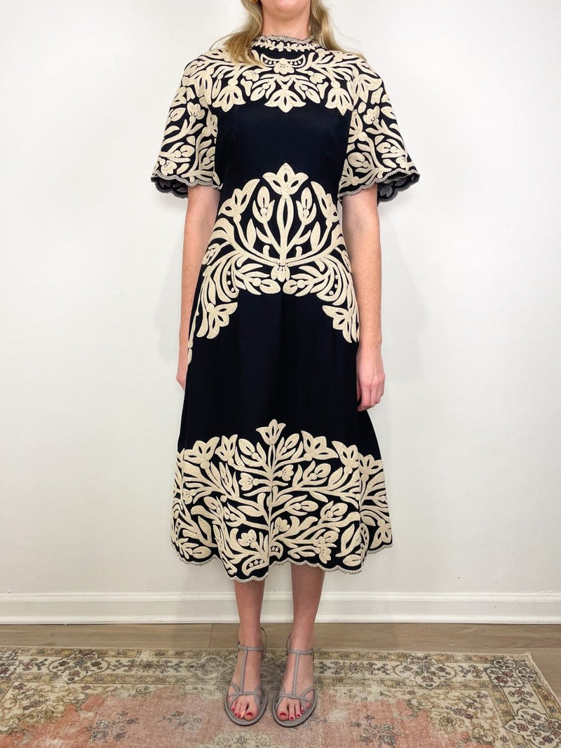 Alexandra Embroidery S/S Midi Dress in Black - The Shoe Hive
