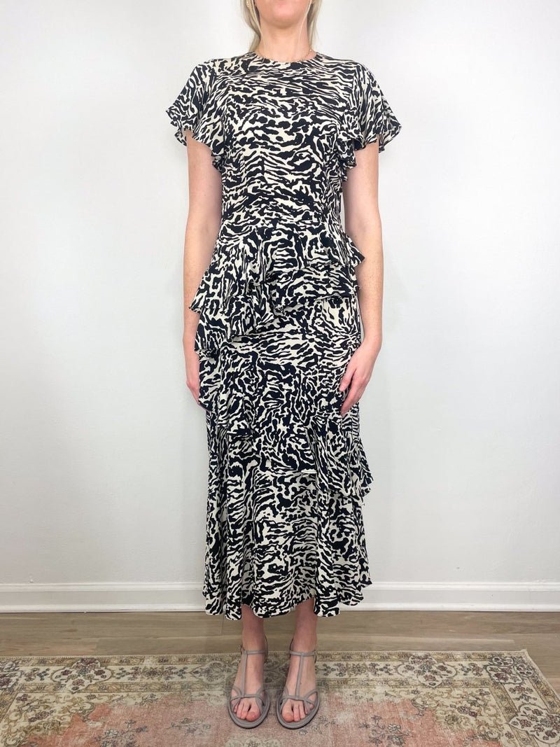 Amaia Cascading Ruffle Midi Dress in Spotted Jasper - The Shoe Hive