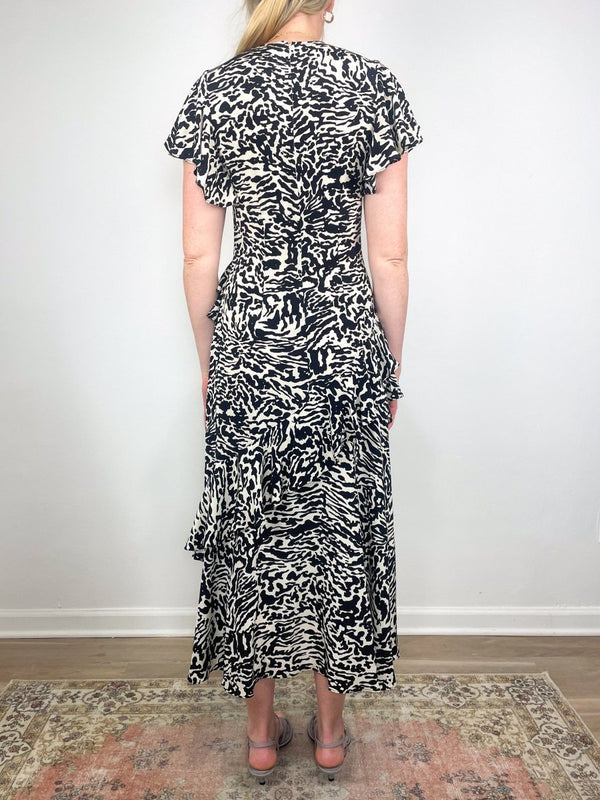 Amaia Cascading Ruffle Midi Dress in Spotted Jasper - The Shoe Hive