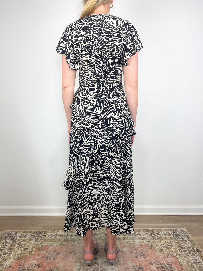 Amaia Cascading Ruffle Midi Dress in Spotted Jasper - The Shoe Hive