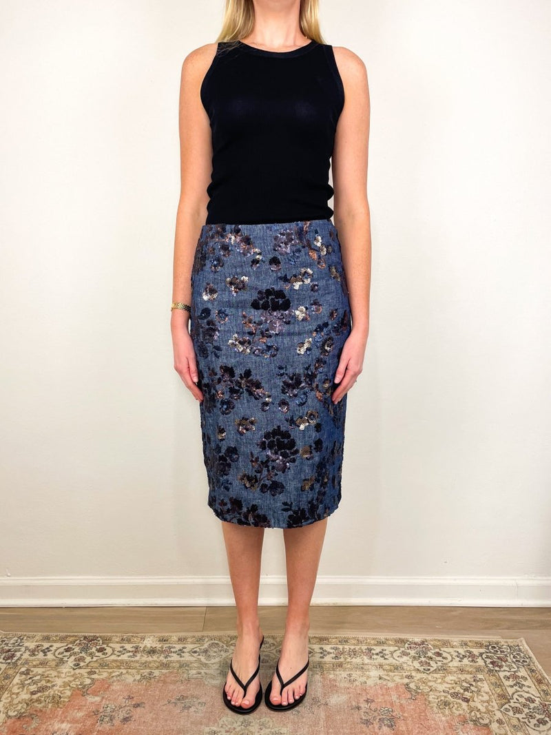 Aurora Skirt in Indigo Sequin Embroidered Twill exclusive at The
