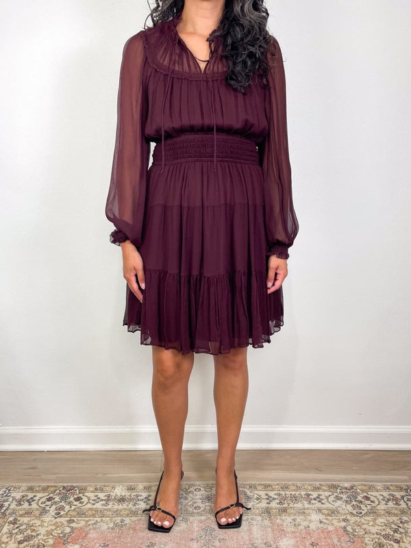 Ava Silk Long Sleeve Mini Dress in Mahogany - The Shoe Hive