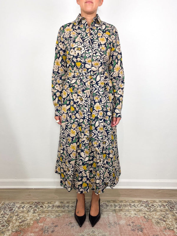 Avery Shirtwaist Dress in Navy/Multi Floral Printed Cotolino - The Shoe Hive