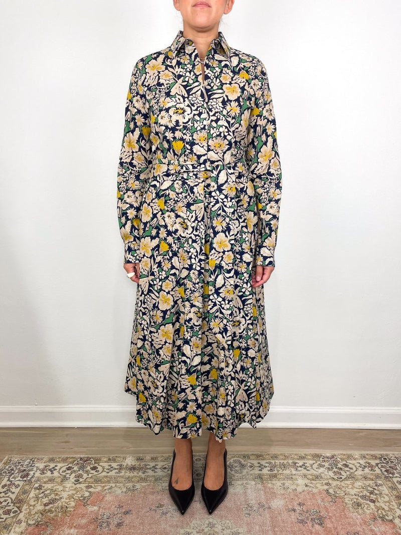 Avery Shirtwaist Dress in Navy/Multi Floral Printed Cotolino - The Shoe Hive