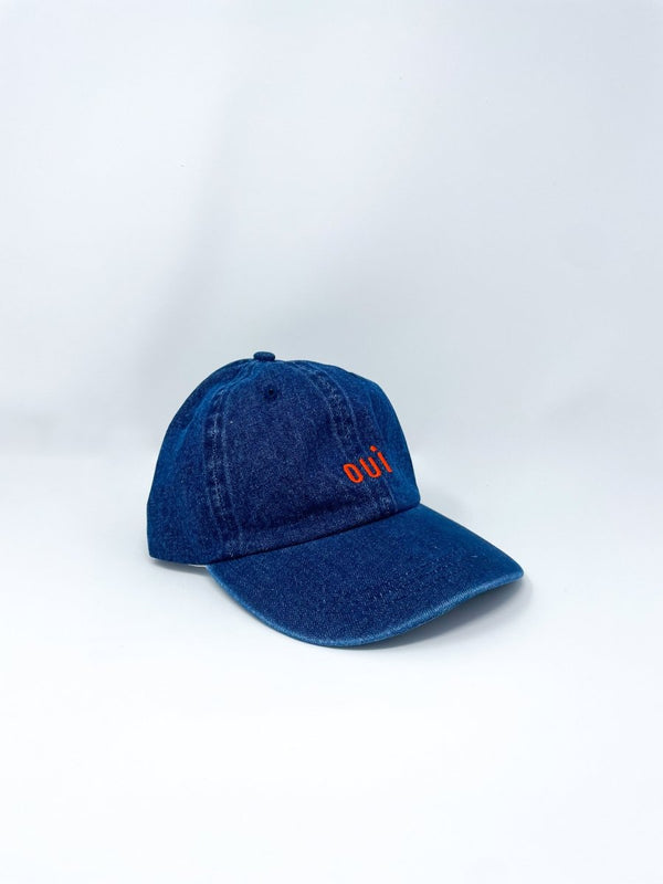 Baseball Hat in Denim w/Bright Poppy Embroidered Petit Oui - The Shoe Hive