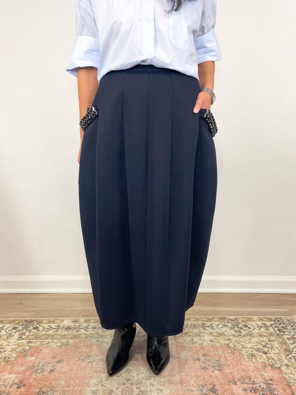 Bonded Twill Sculpted Skirt w/Removable Beaded in Navy