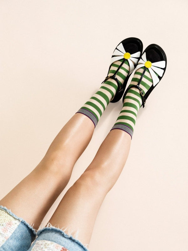 Beatrice Stripe Sheer Crew in Green - The Shoe Hive