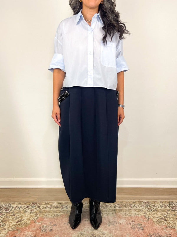 Bonded Twill Sculpted Skirt w/Removable Beaded in Navy - The Shoe Hive