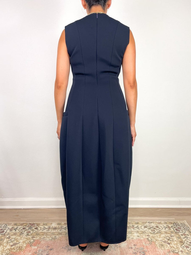 Bonded Twill Sleeveless Sculpted Dress in Navy - The Shoe Hive