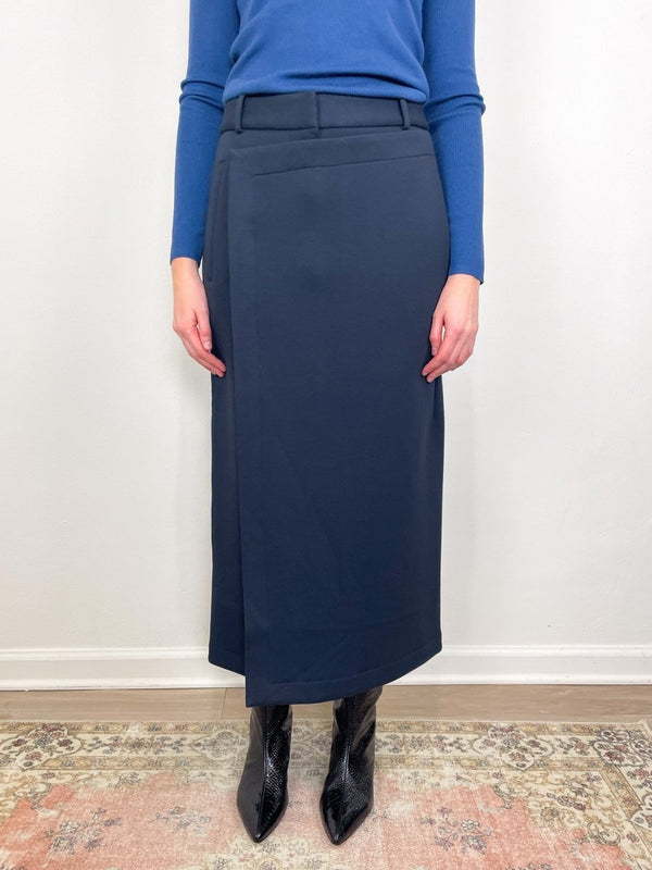Bonded Viscose Maxi Wrap Skirt in Dark Navy - The Shoe Hive