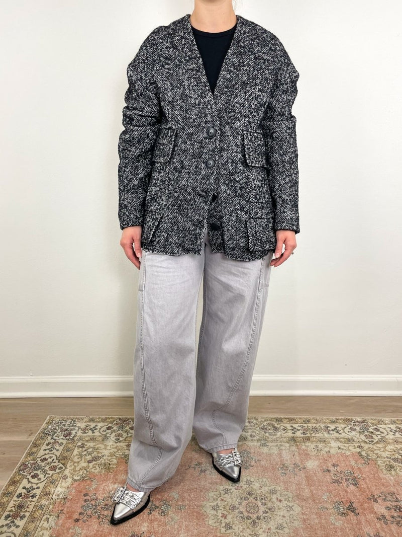 Boucle Tweed Cardigan Coat in Black/Ivory Multi - The Shoe Hive