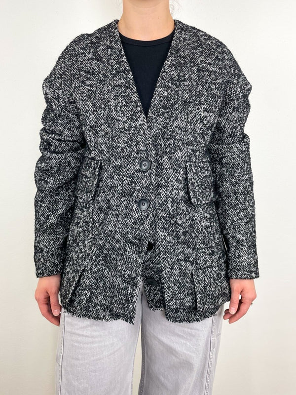 Boucle Tweed Cardigan Coat in Black/Ivory Multi - The Shoe Hive