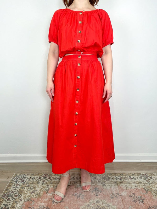 Button Front Long Skirt in Poppy - The Shoe Hive